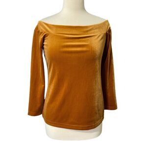 Ann Taylor Factory Womens Small Velour Off The Shoulder Top 3/4 Sleeve Gold
